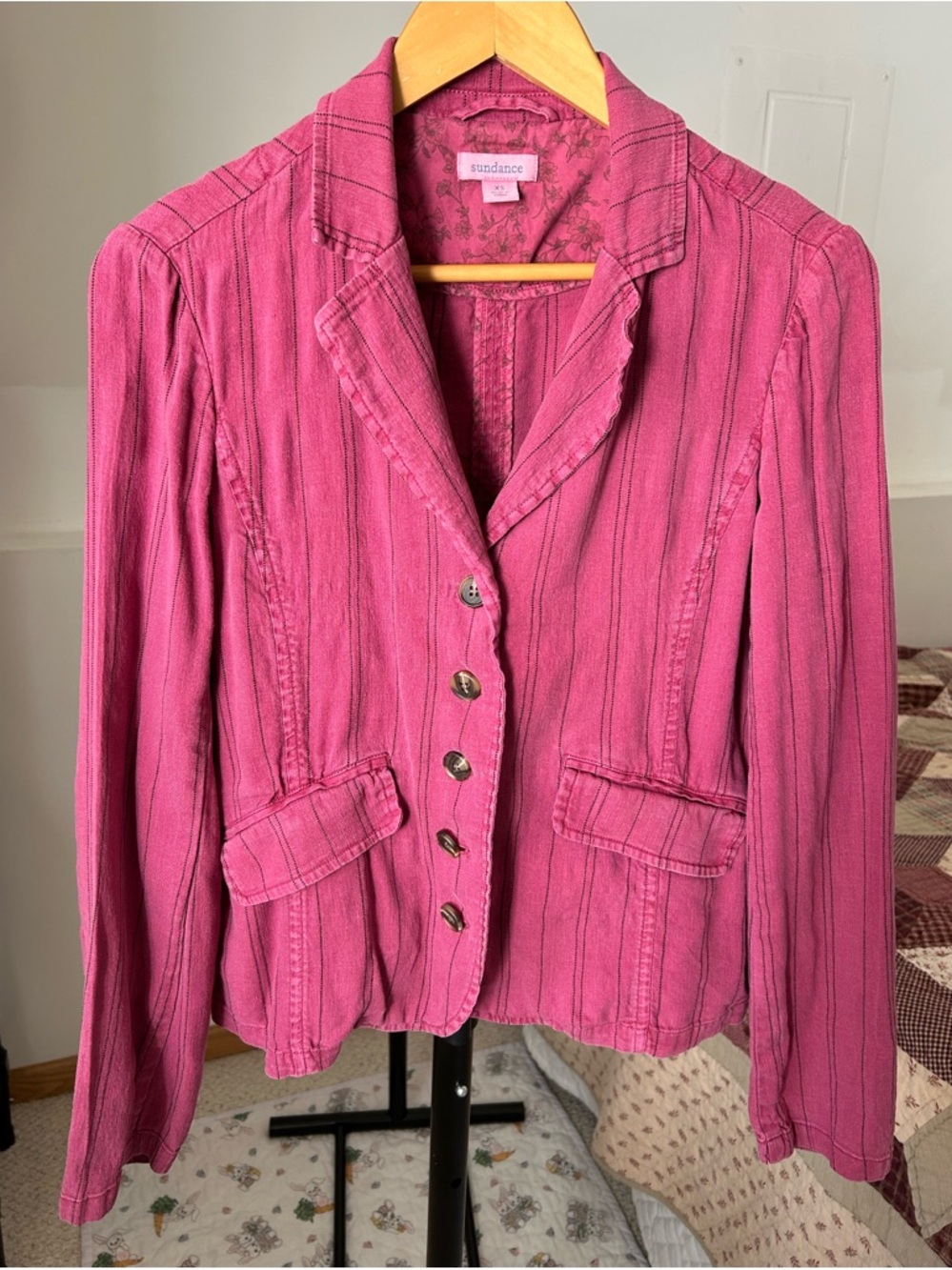Sundance Linen Pink Striped Blazer Jacket Buttons Pockets XS